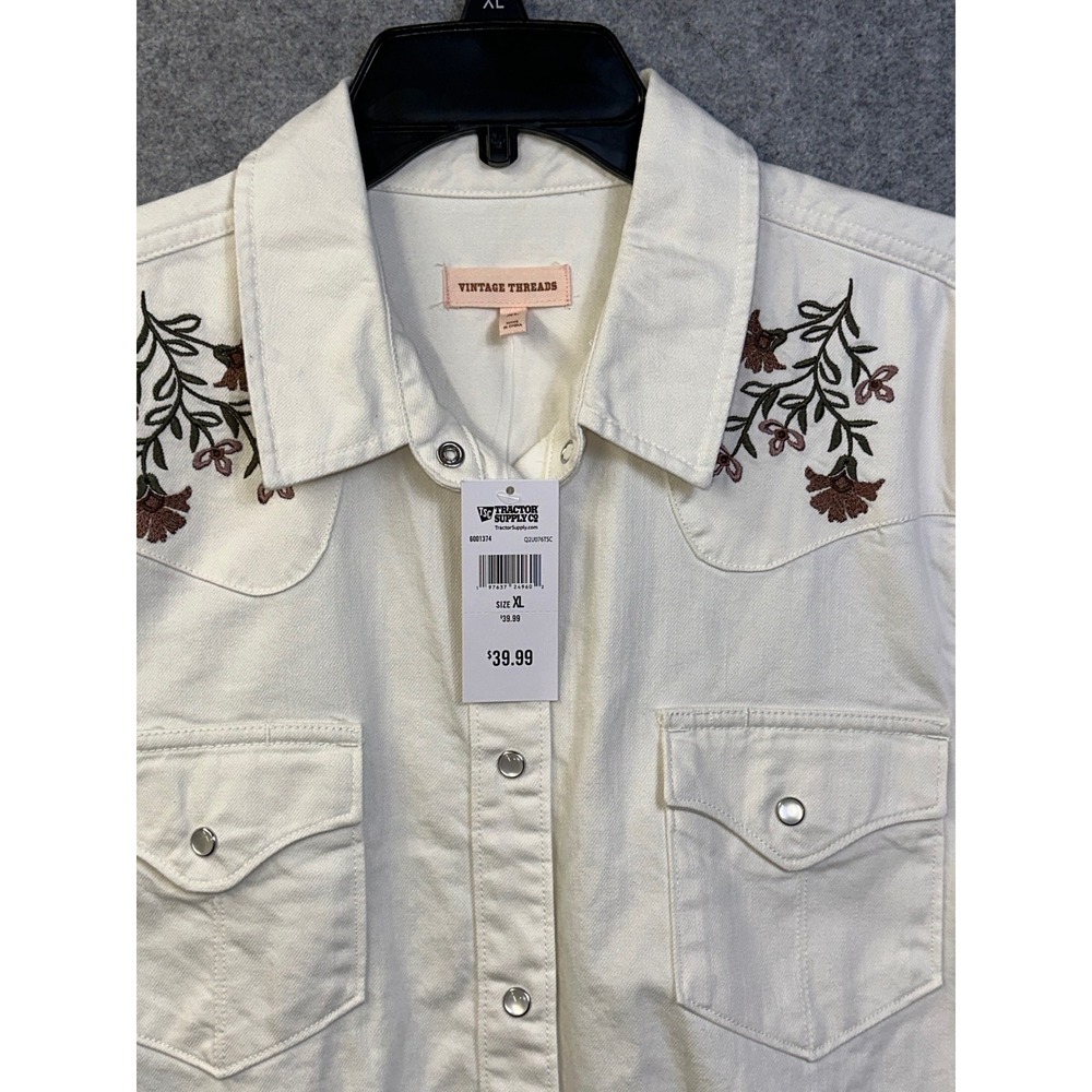 Vintage Threads Womens XL Embroidered Floral Western Snap Off-White Denim Shirt